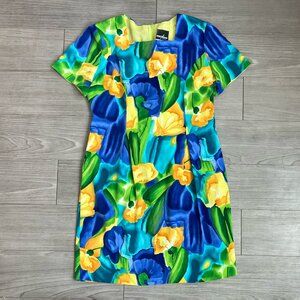 80s Floral Square Neck Sheath Dress Spring Vintage Positive Attitude Size 10P